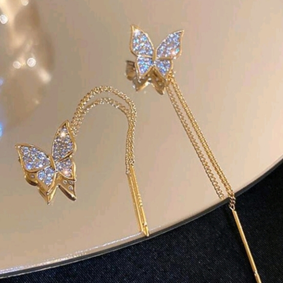 NEW Gold Plated Butterfly Diamond Threader Earrings - Picture 2 of 4